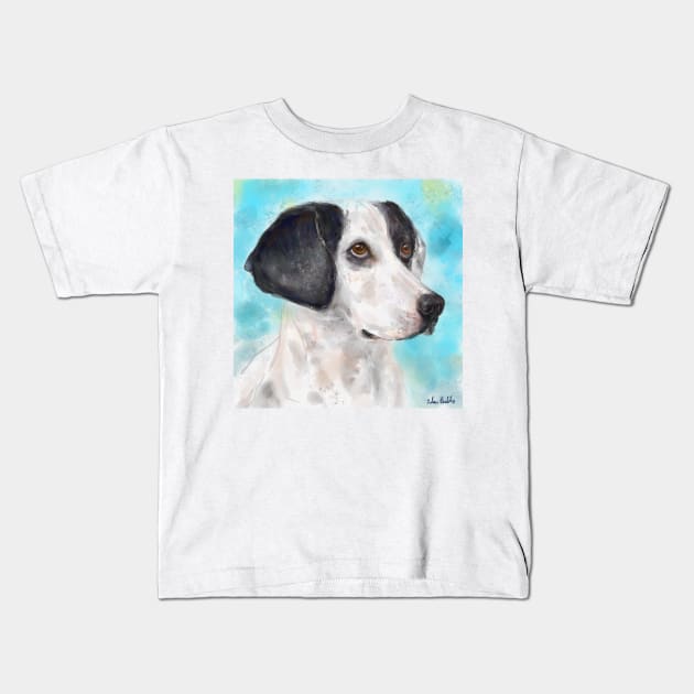 Watercolor Painting of a Black and White Dog on Light Blue Background Kids T-Shirt by ibadishi